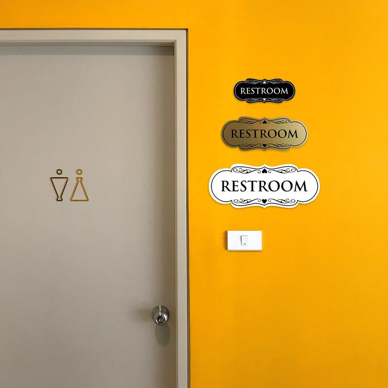 All Quality Designer Restroom Wall or Door Sign - Bathroom Signage | Durable Plastic and Easy Installation | Black/Gold - Small (1 Pack) - Image 2